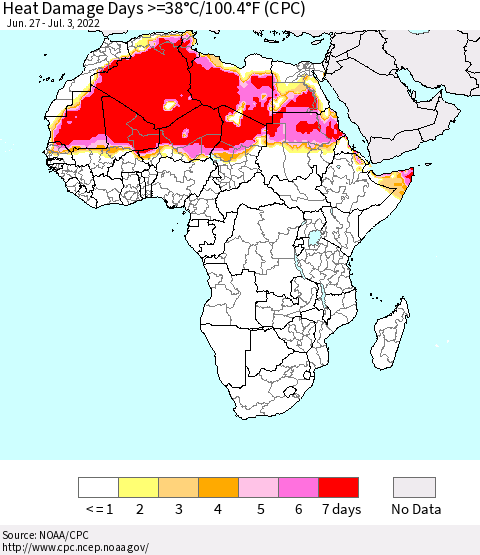 Africa Heat Damage Days >=38°C/100°F (CPC) Thematic Map For 6/27/2022 - 7/3/2022