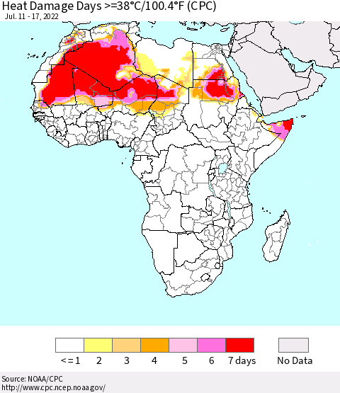 Africa Heat Damage Days >=38°C/100°F (CPC) Thematic Map For 7/11/2022 - 7/17/2022