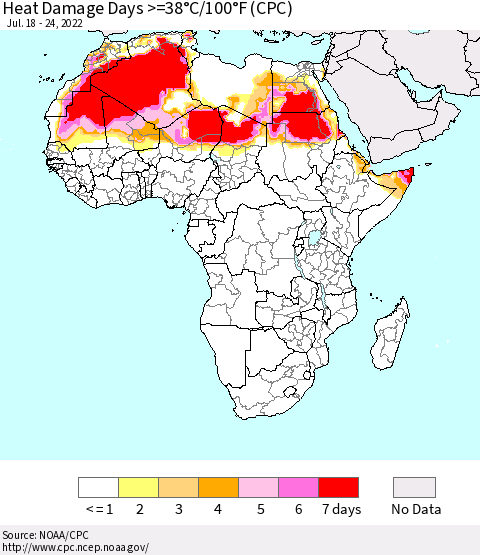 Africa Heat Damage Days >=38°C/100°F (CPC) Thematic Map For 7/18/2022 - 7/24/2022