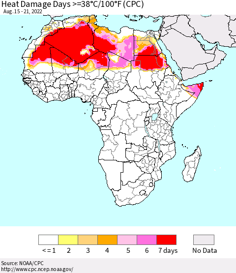 Africa Heat Damage Days >=38°C/100°F (CPC) Thematic Map For 8/15/2022 - 8/21/2022