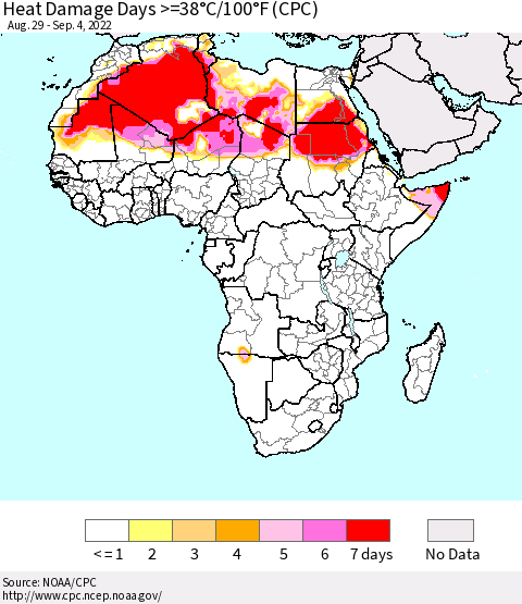 Africa Heat Damage Days >=38°C/100°F (CPC) Thematic Map For 8/29/2022 - 9/4/2022