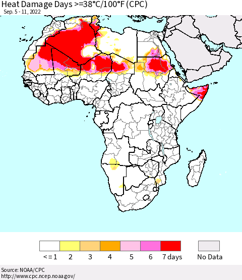 Africa Heat Damage Days >=38°C/100°F (CPC) Thematic Map For 9/5/2022 - 9/11/2022
