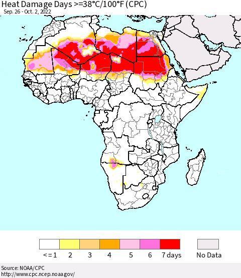 Africa Heat Damage Days >=38°C/100°F (CPC) Thematic Map For 9/26/2022 - 10/2/2022