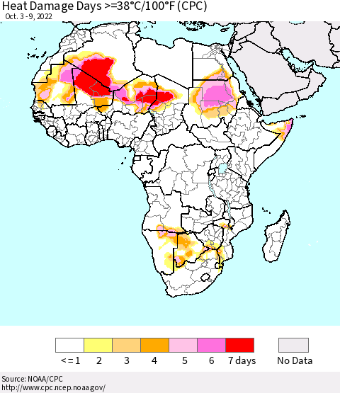 Africa Heat Damage Days >=38°C/100°F (CPC) Thematic Map For 10/3/2022 - 10/9/2022