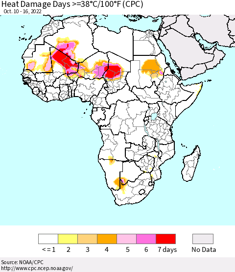 Africa Heat Damage Days >=38°C/100°F (CPC) Thematic Map For 10/10/2022 - 10/16/2022