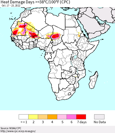 Africa Heat Damage Days >=38°C/100°F (CPC) Thematic Map For 10/17/2022 - 10/23/2022