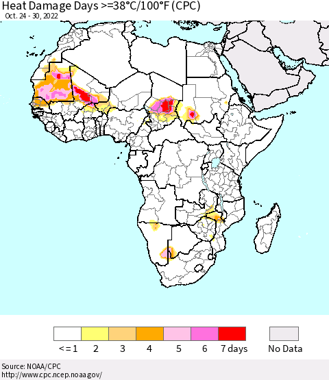 Africa Heat Damage Days >=38°C/100°F (CPC) Thematic Map For 10/24/2022 - 10/30/2022
