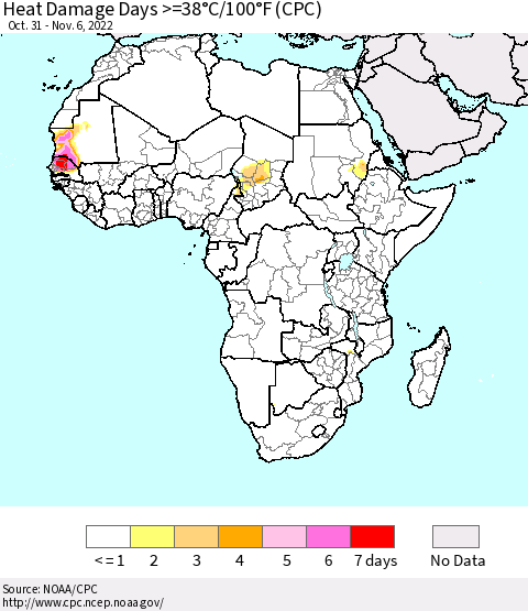 Africa Heat Damage Days >=38°C/100°F (CPC) Thematic Map For 10/31/2022 - 11/6/2022