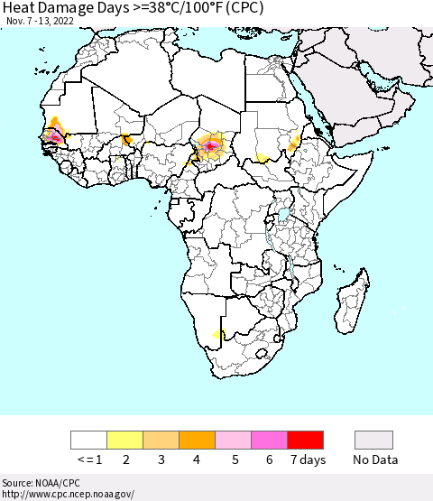 Africa Heat Damage Days >=38°C/100°F (CPC) Thematic Map For 11/7/2022 - 11/13/2022