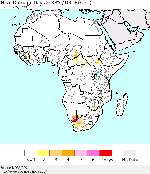 Africa Heat Damage Days >=38°C/100°F (CPC) Thematic Map For 1/16/2023 - 1/22/2023