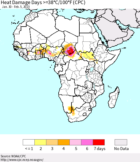 Africa Heat Damage Days >=38°C/100°F (CPC) Thematic Map For 1/30/2023 - 2/5/2023