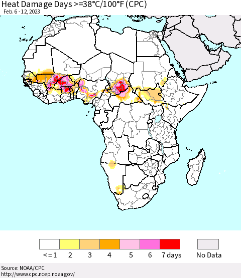 Africa Heat Damage Days >=38°C/100°F (CPC) Thematic Map For 2/6/2023 - 2/12/2023