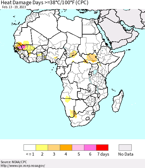 Africa Heat Damage Days >=38°C/100°F (CPC) Thematic Map For 2/13/2023 - 2/19/2023