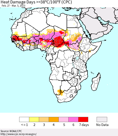 Africa Heat Damage Days >=38°C/100°F (CPC) Thematic Map For 2/27/2023 - 3/5/2023