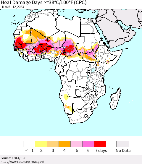 Africa Heat Damage Days >=38°C/100°F (CPC) Thematic Map For 3/6/2023 - 3/12/2023