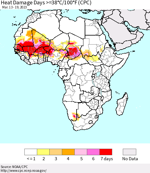 Africa Heat Damage Days >=38°C/100°F (CPC) Thematic Map For 3/13/2023 - 3/19/2023