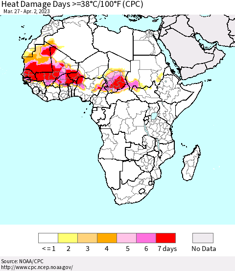 Africa Heat Damage Days >=38°C/100°F (CPC) Thematic Map For 3/27/2023 - 4/2/2023