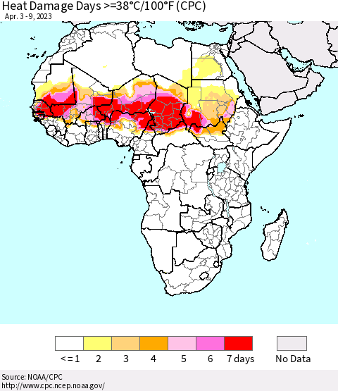 Africa Heat Damage Days >=38°C/100°F (CPC) Thematic Map For 4/3/2023 - 4/9/2023