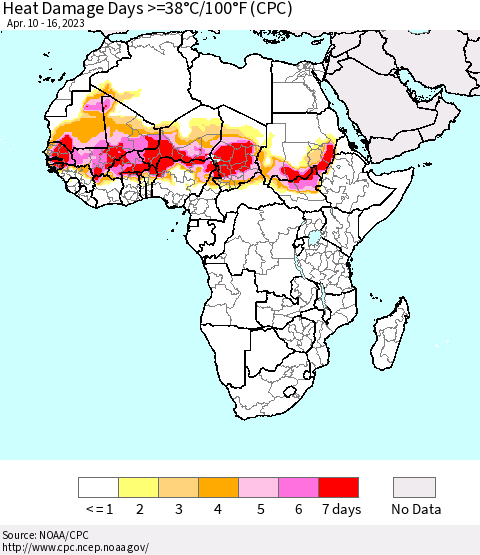 Africa Heat Damage Days >=38°C/100°F (CPC) Thematic Map For 4/10/2023 - 4/16/2023
