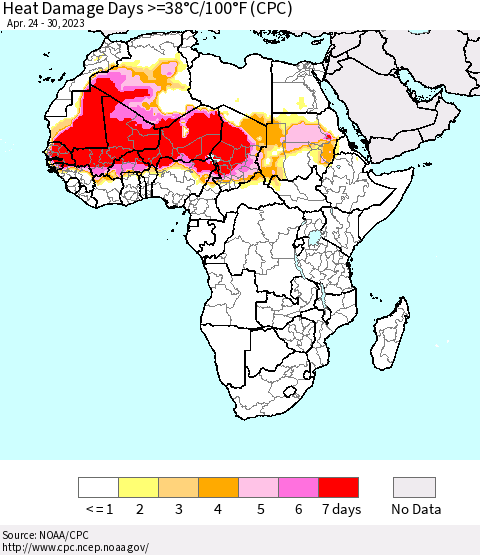 Africa Heat Damage Days >=38°C/100°F (CPC) Thematic Map For 4/24/2023 - 4/30/2023