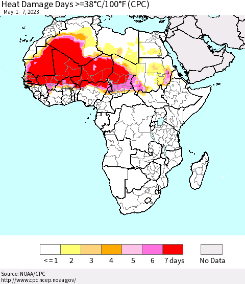 Africa Heat Damage Days >=38°C/100°F (CPC) Thematic Map For 5/1/2023 - 5/7/2023