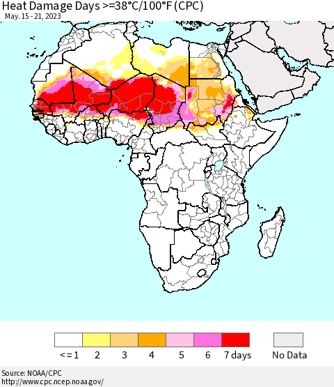 Africa Heat Damage Days >=38°C/100°F (CPC) Thematic Map For 5/15/2023 - 5/21/2023