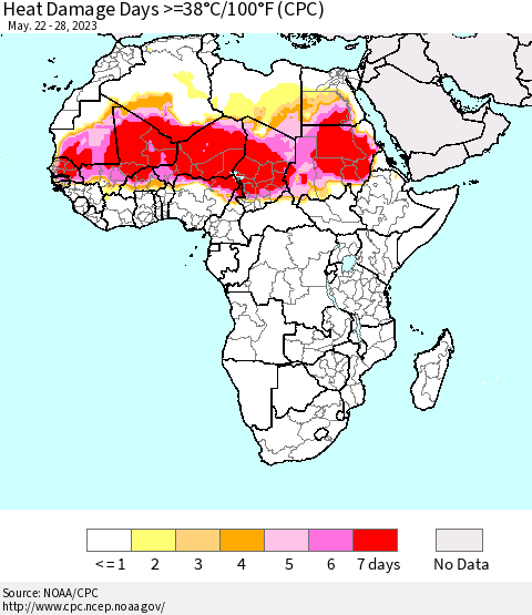 Africa Heat Damage Days >=38°C/100°F (CPC) Thematic Map For 5/22/2023 - 5/28/2023