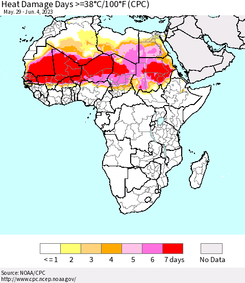 Africa Heat Damage Days >=38°C/100°F (CPC) Thematic Map For 5/29/2023 - 6/4/2023