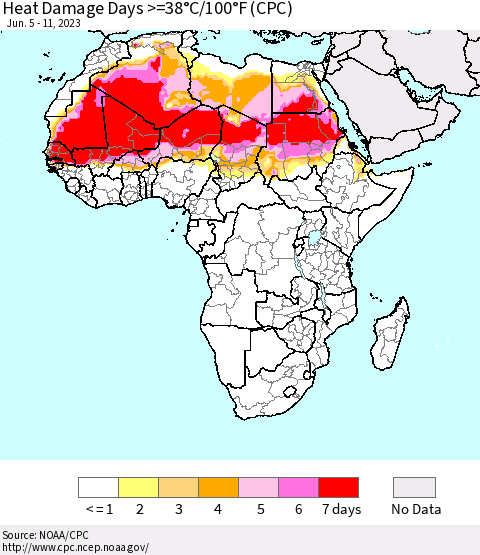 Africa Heat Damage Days >=38°C/100°F (CPC) Thematic Map For 6/5/2023 - 6/11/2023