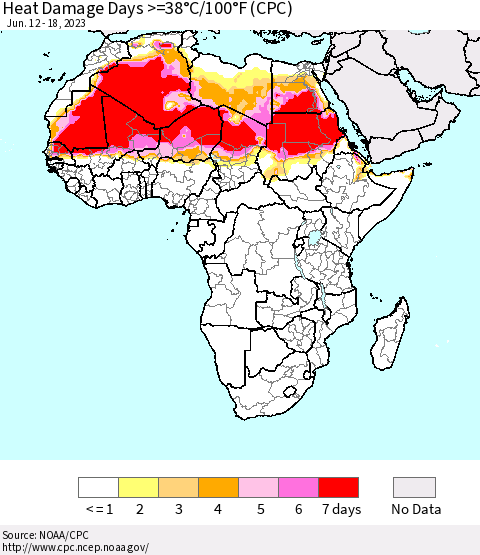 Africa Heat Damage Days >=38°C/100°F (CPC) Thematic Map For 6/12/2023 - 6/18/2023