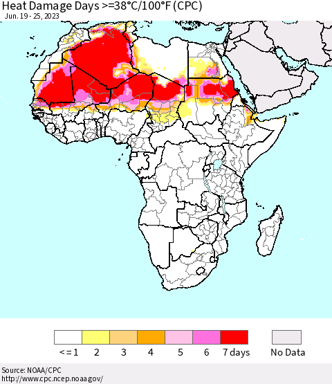 Africa Heat Damage Days >=38°C/100°F (CPC) Thematic Map For 6/19/2023 - 6/25/2023