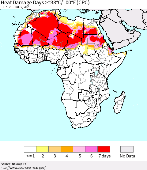 Africa Heat Damage Days >=38°C/100°F (CPC) Thematic Map For 6/26/2023 - 7/2/2023
