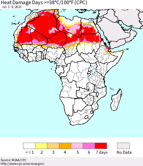 Africa Heat Damage Days >=38°C/100°F (CPC) Thematic Map For 7/3/2023 - 7/9/2023