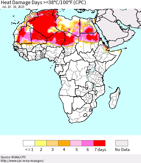 Africa Heat Damage Days >=38°C/100°F (CPC) Thematic Map For 7/10/2023 - 7/16/2023