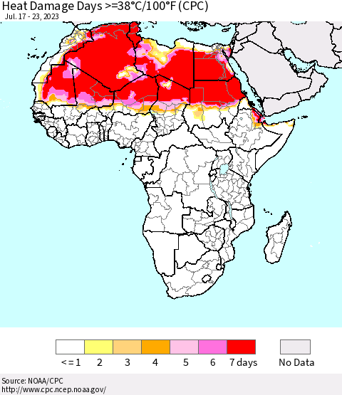 Africa Heat Damage Days >=38°C/100°F (CPC) Thematic Map For 7/17/2023 - 7/23/2023
