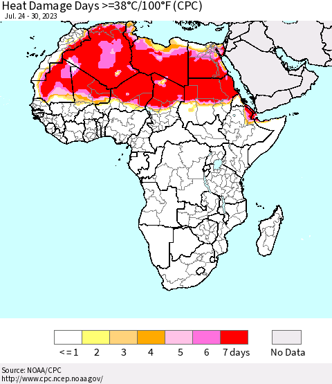 Africa Heat Damage Days >=38°C/100°F (CPC) Thematic Map For 7/24/2023 - 7/30/2023