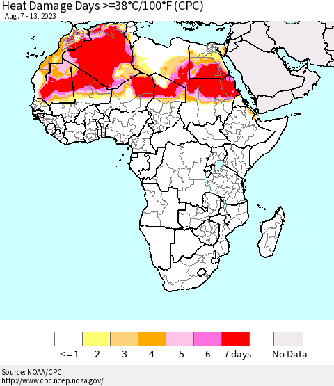 Africa Heat Damage Days >=38°C/100°F (CPC) Thematic Map For 8/7/2023 - 8/13/2023