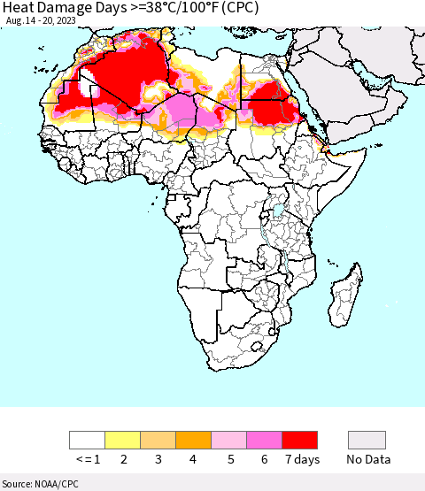 Africa Heat Damage Days >=38°C/100°F (CPC) Thematic Map For 8/14/2023 - 8/20/2023