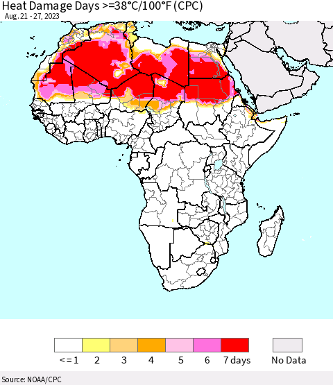 Africa Heat Damage Days >=38°C/100°F (CPC) Thematic Map For 8/21/2023 - 8/27/2023