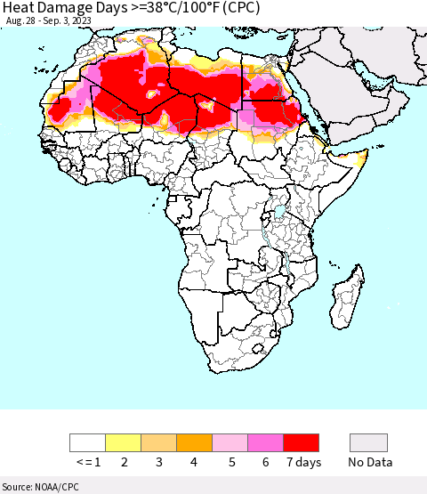 Africa Heat Damage Days >=38°C/100°F (CPC) Thematic Map For 8/28/2023 - 9/3/2023