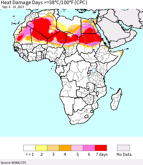 Africa Heat Damage Days >=38°C/100°F (CPC) Thematic Map For 9/4/2023 - 9/10/2023