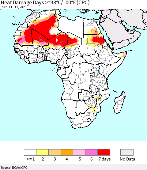 Africa Heat Damage Days >=38°C/100°F (CPC) Thematic Map For 9/11/2023 - 9/17/2023