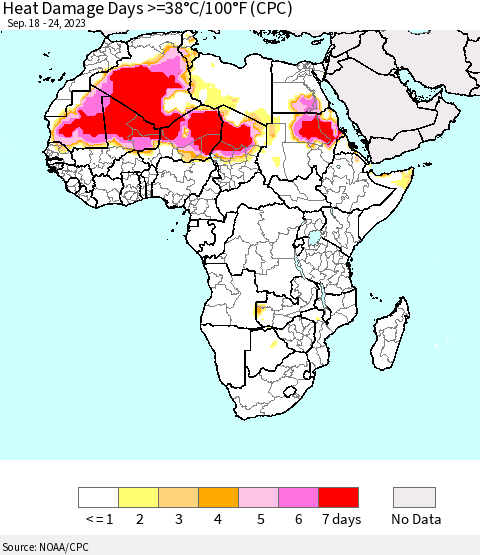 Africa Heat Damage Days >=38°C/100°F (CPC) Thematic Map For 9/18/2023 - 9/24/2023