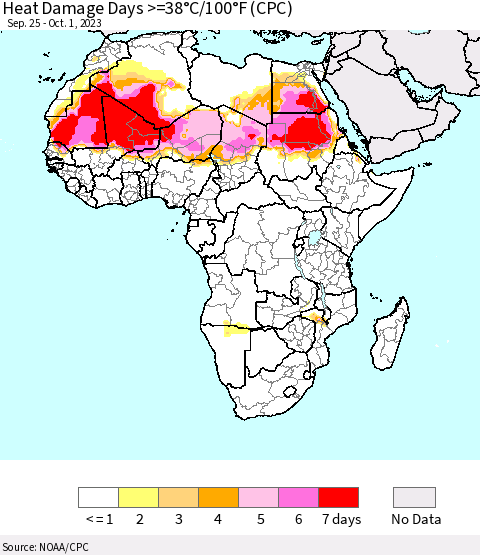 Africa Heat Damage Days >=38°C/100°F (CPC) Thematic Map For 9/25/2023 - 10/1/2023