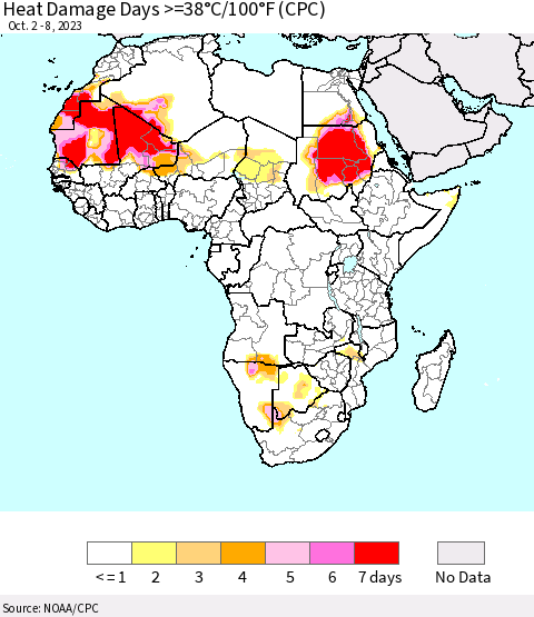 Africa Heat Damage Days >=38°C/100°F (CPC) Thematic Map For 10/2/2023 - 10/8/2023