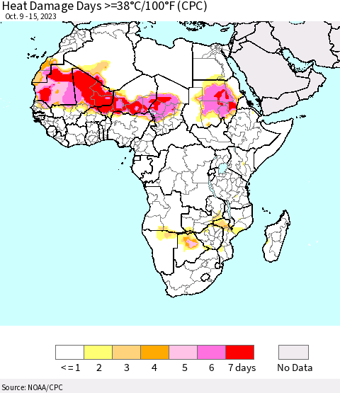 Africa Heat Damage Days >=38°C/100°F (CPC) Thematic Map For 10/9/2023 - 10/15/2023