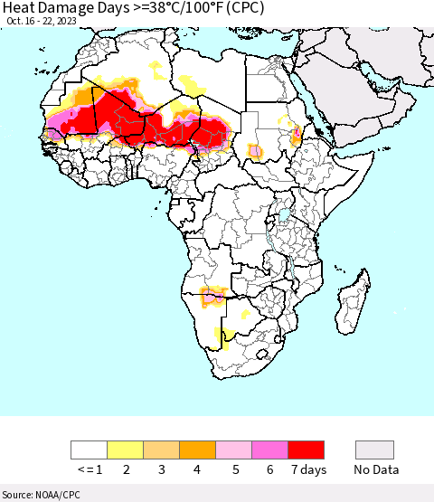 Africa Heat Damage Days >=38°C/100°F (CPC) Thematic Map For 10/16/2023 - 10/22/2023