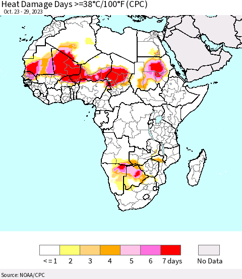 Africa Heat Damage Days >=38°C/100°F (CPC) Thematic Map For 10/23/2023 - 10/29/2023