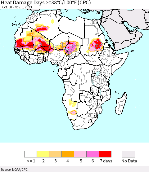 Africa Heat Damage Days >=38°C/100°F (CPC) Thematic Map For 10/30/2023 - 11/5/2023
