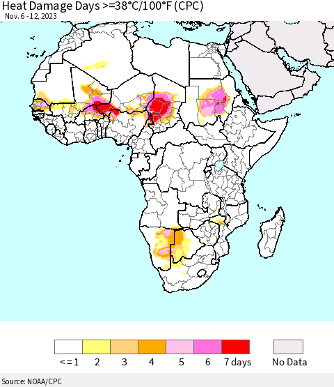 Africa Heat Damage Days >=38°C/100°F (CPC) Thematic Map For 11/6/2023 - 11/12/2023